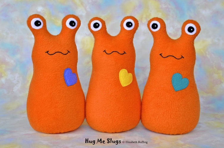 Handmade Slug, Stuffed Animal Plush Doll Art Toy, Hug Me Slug, Personalized Tag, Orange Fleece, You Choose Heart Color, 12 inch, Custom-made