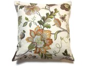 Two Olive Green Orange Rust Brown Ecru Pillow Covers 18 inch Decorative Modern Floral Toss Throw Accent Covers