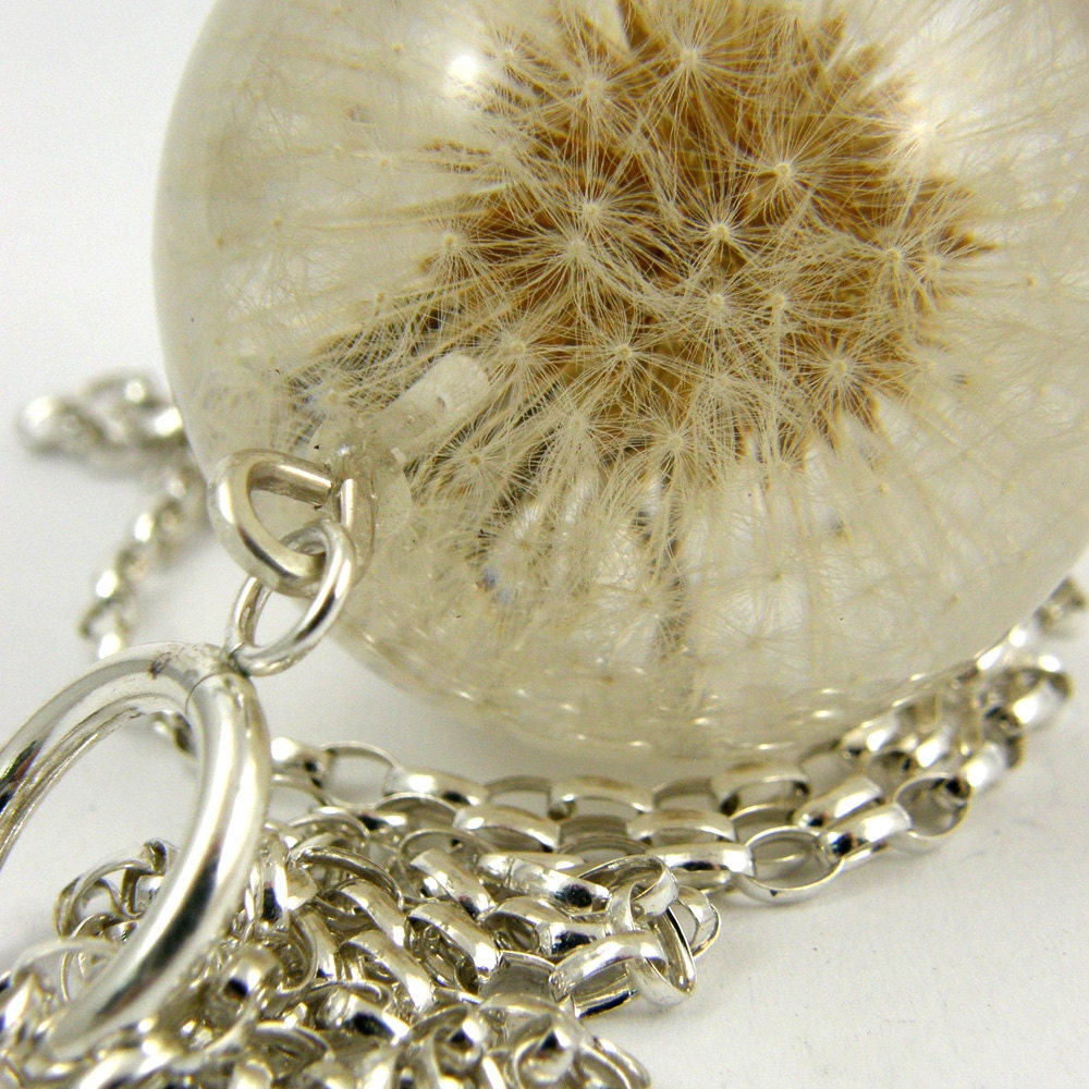 Dandelion Necklace, Large Resin Round with Full Dandelion and Sterling Silver Chain, Dandelion Jewelry