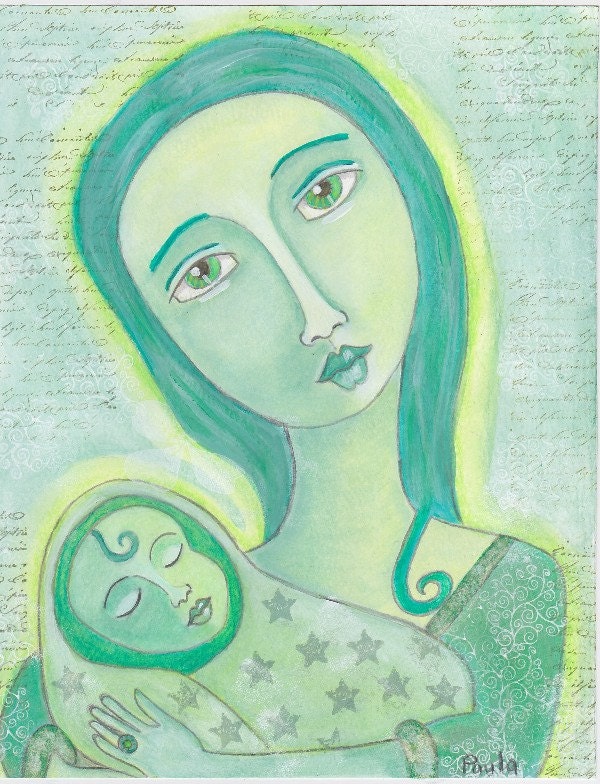 Mixed Media Art, Mother and Child Original Folk Art, Green, Watercolor, Wall Art, Infant - Longing