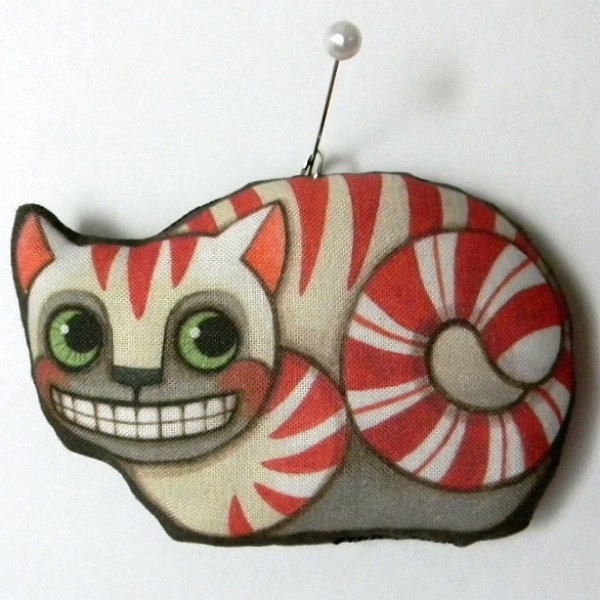 Cheshire Cat Ornament--  Original Folk Art Doll-- Printed, Sewn, and Stuffed Fabric