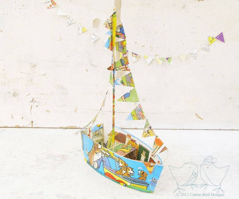 Nursery Home Decor Art Sculpture Paper Boat Mixed Media Recycled Vintage Book