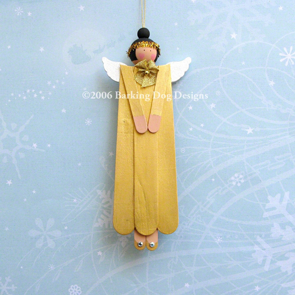 Hand Painted Wooden Angel Ornament Christmas Decoration in Gold Black Hair