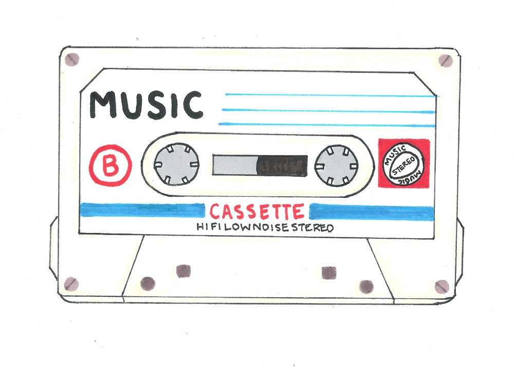 Digital Print Hand Drawn Cassette Tape Retro 80s Music Mix Tape Art