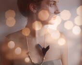 Feather Necklace - Statement Mauve and Navy Feather Jewelry - Grey Fire Agate Necklace - Long Gold Necklace