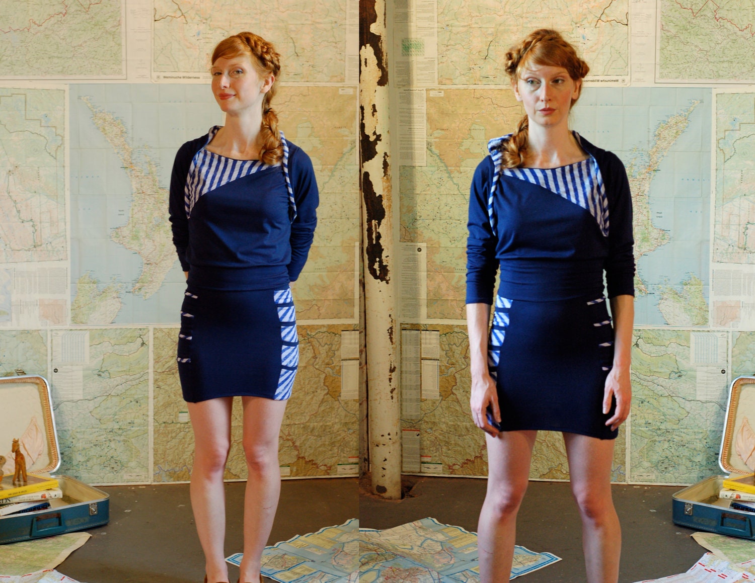 bamboo Sailor's Pocket Dress  - ecofriendly navy and white and nautical stripes ecofashion.  multiple pockets.  diagonal color block dress.