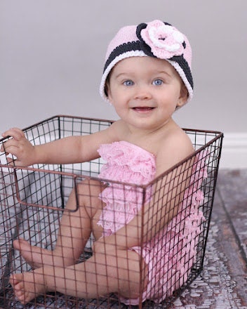 Cloche Hat Crocheted "The Charlene" Pastel Pink Charcoal Grey White Bucket Hat Flower Trim
