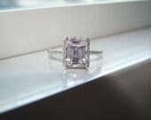 Halo Pale Pink Kunzite Diamond Ring Gemstone Engagement Ring Custom Emerald Rectangle Halo Setting 14K White Gold size