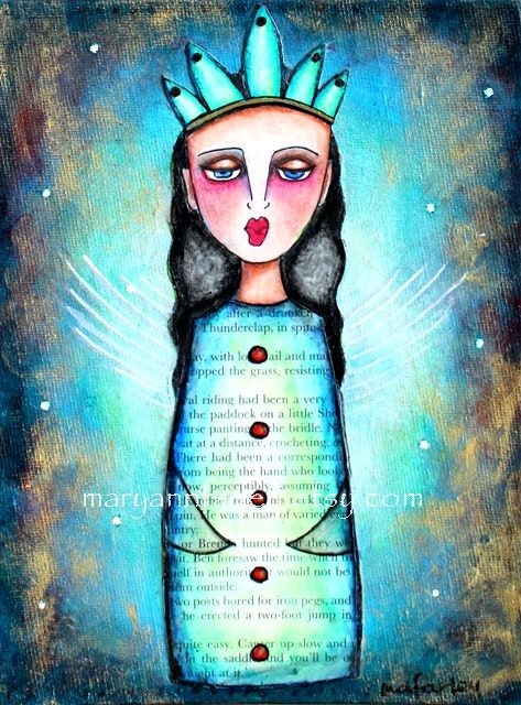 Statue of Liberty Art Print, Girl Art, Patriotic Art, 6 x 8, Whimsical Watercolor Mixed Media, Original, Blue Green