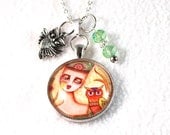 Owl and Girl Art Pendant, Woodland Charm Necklace, Upcycled Beaded Jewelry, Silver Chain or Black Cord, Original Art Print, Orange Peach