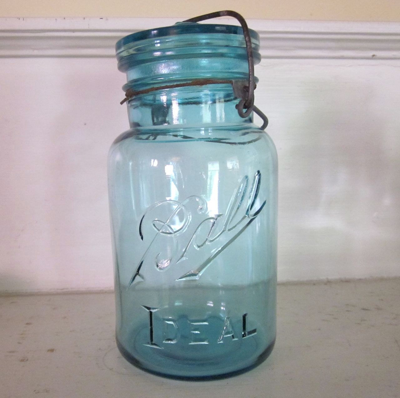 Vintage Blue Mason Jar -  Quart with Glass Top