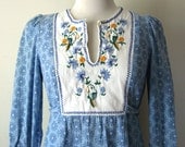 Indian Block Print Dress Embroidered Blue Floral Vintage 60s 70s