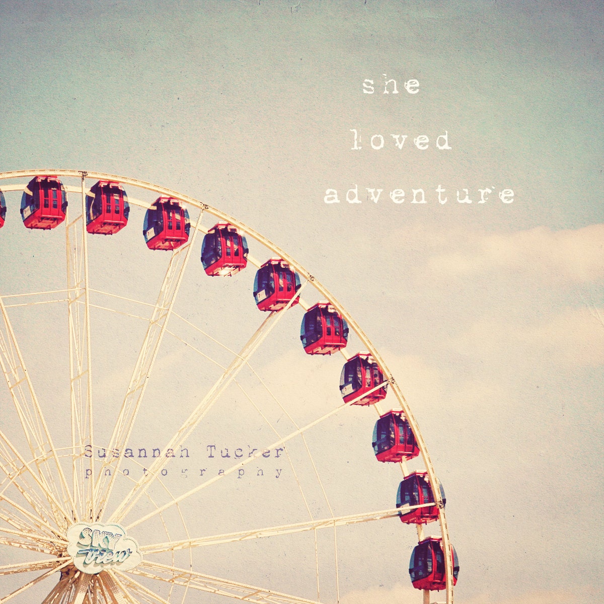 FREE SHIPPING - she loved adventure - 8x8" whimsical photo, ferris wheel, red, blue, sky, amusement ride - nursery or childs room decor