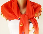 SALE - Orange red, carrot red , Flower  Cotton with Handmade Turkish OYA Spring Scarf