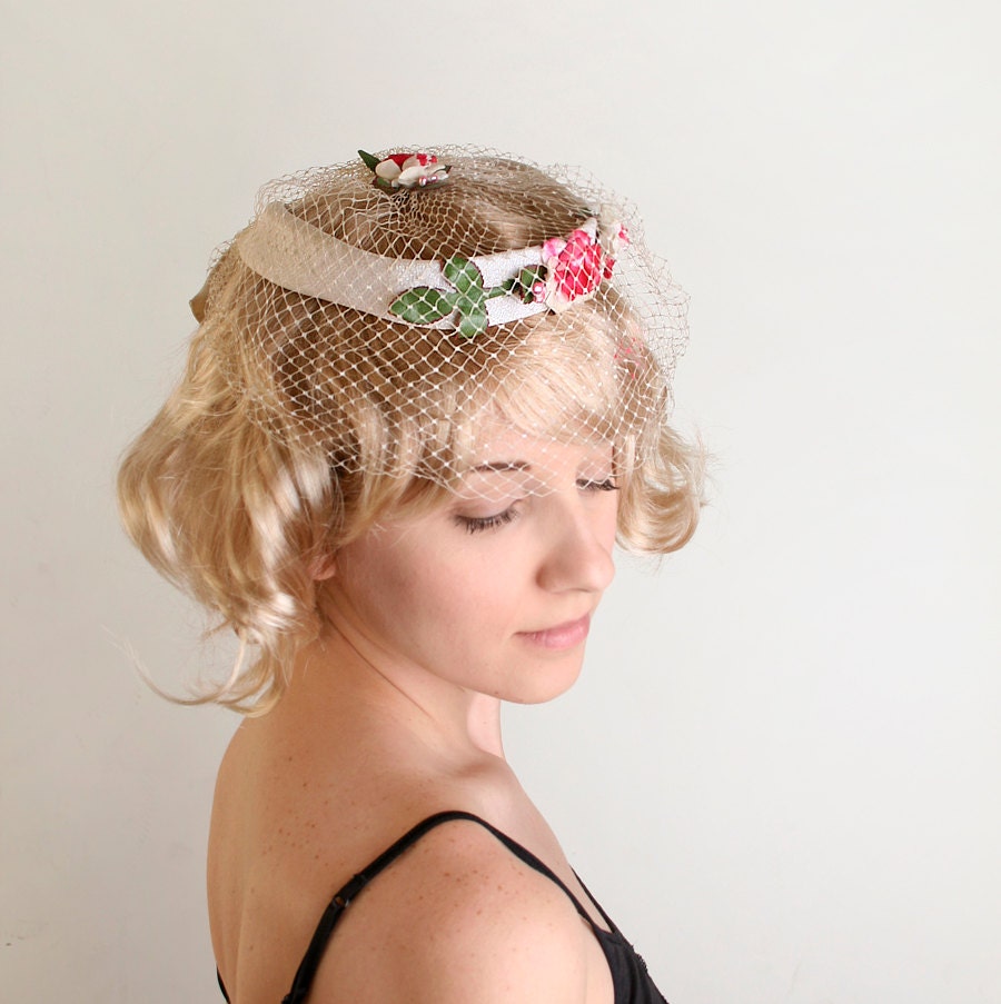 Vintage Veil Halo Hat - White Veiled Floral Crown
