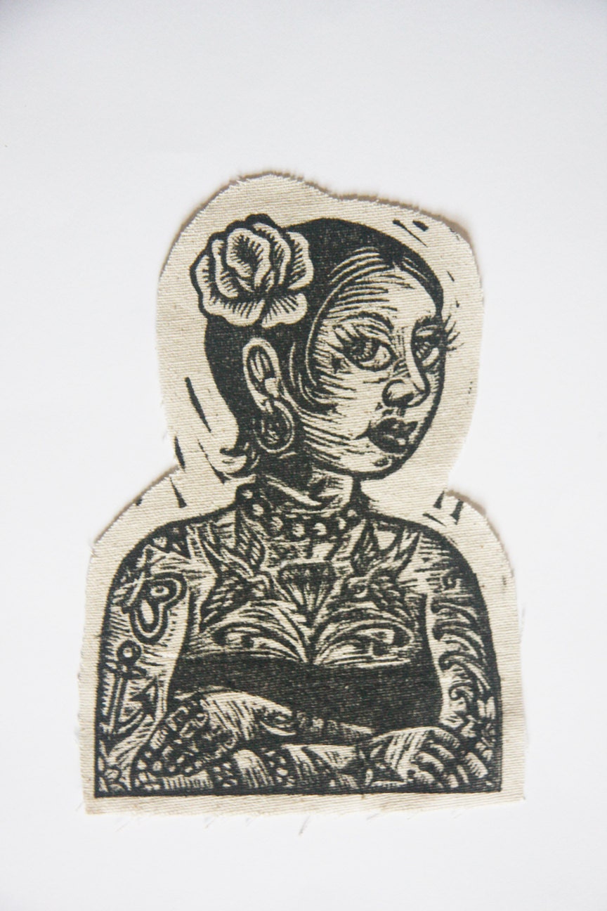 Tattoo Lady Hand Printed Fabric Patch SALE