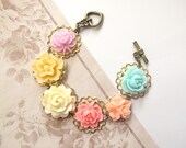 Pretty Blooms Colourful Japanese blossom Sakura Roses and Garden Flowers gold brass Heart Toggle Clasp Bracelet