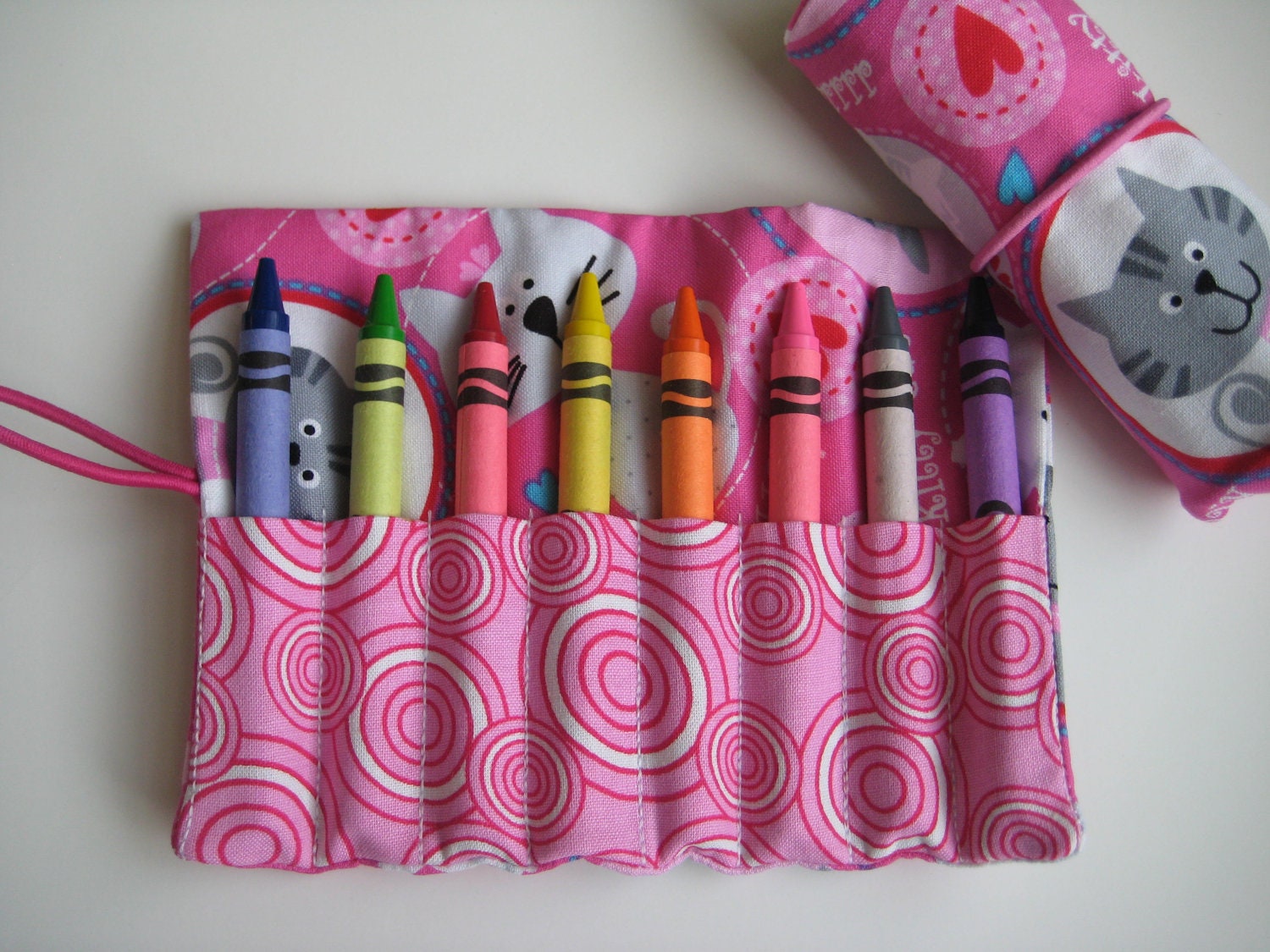 Crayon Roll Pink Kitty Cat Includes 8 Crayons