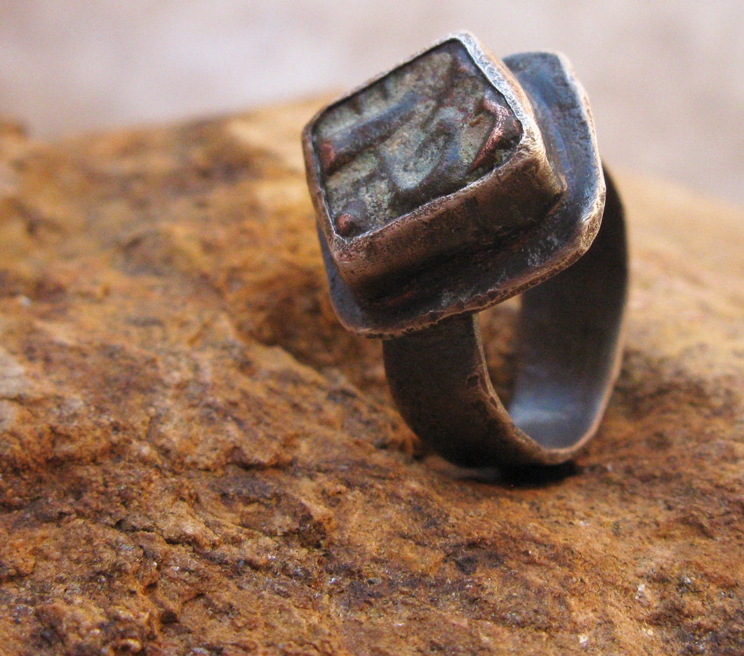 Tiny Ancient India Bronze Coin Primitive Sterling Ring