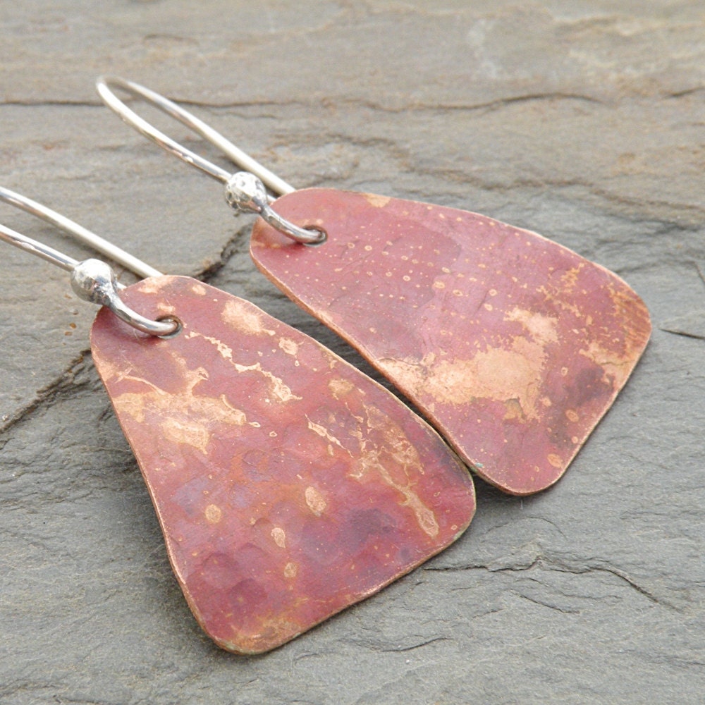 Copper Earrings, Red, Orange, Heat Patina, Triangles, Sterling Silver