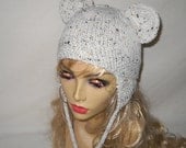 Oatmeal Tweed Bear Hat Knit Beanie with Bear Ears and Earflaps - Adult