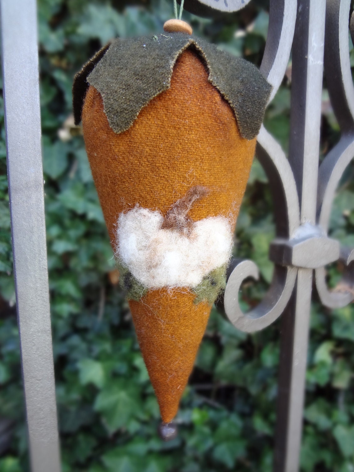 Primitive Wool Cone Ornament, Needle Felt Folk Art White Pumpkin, Handmade, Rustic, Hand Dyed Wool Cone, Fall, October, Seasonal, Orange