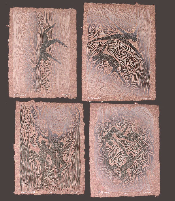 Matched Set of 4 Happy Dancer Floating Woodcuts on Hickory Fiber Handmade Paper