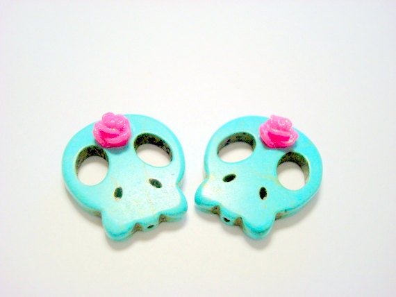 Turquoise and Pink Roses Day of The Dead Sugar Skull Beads-30mm