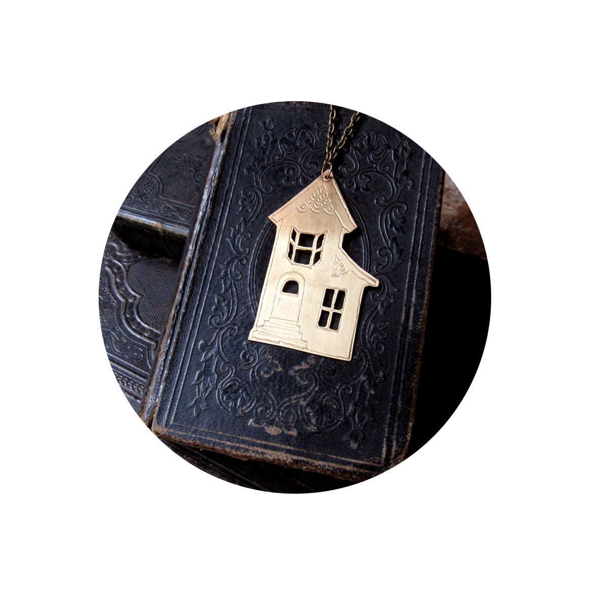 House and Home , Brass Edwardian House Engraved Necklace