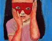 9x12 Original Acrylic Portrait Painting Little Girl wearing maroon masquerade mask  Superhero