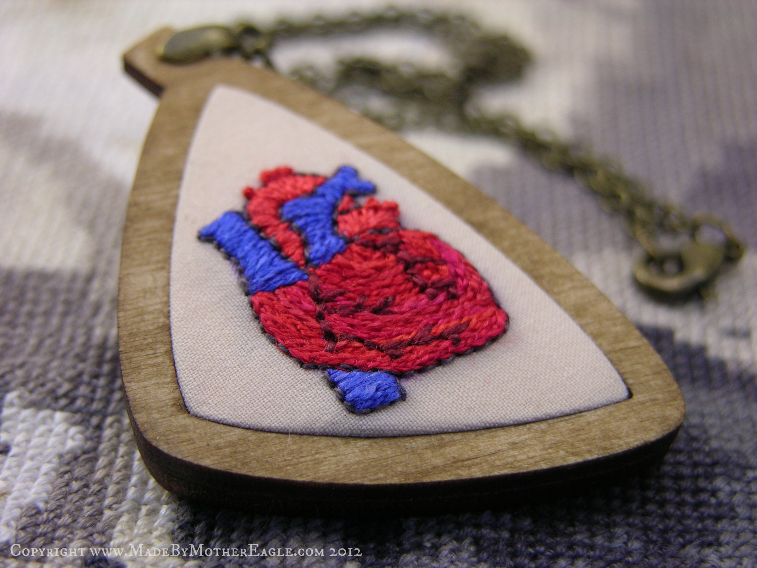 The Midwinter Heart Pendant - Miniature Embroidery and Birch Wood