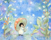 Periwinkle Sky, Whimsical print of a sweet child with umbrella 8 X 8 print giclee