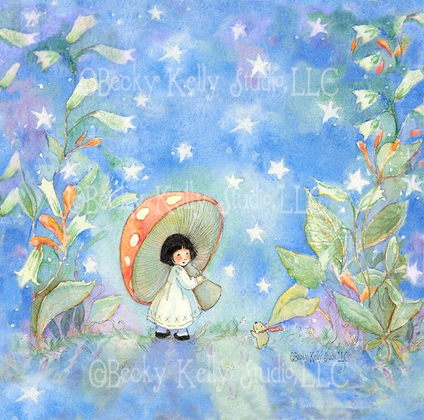 Periwinkle Sky, Whimsical print of a sweet child with umbrella 8 X 8 print giclee