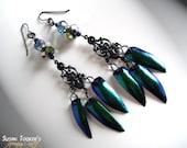 Fairy Jewel Beetle Elytra Iridescent Wings Earrings Rare Blue Turquoise Green Sparkling Goddess Style DIVINE UNDINE by Spinning Castle