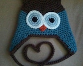 Crocheted Owl Hat Blue Brown - Baby, Toddler, Child or Preteen Size - Adult Size Must Add On