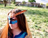 Amazon - OOAK Scrap Mask with Cruelty Free Macaw Feathers - Indigo, Teal, and Orange