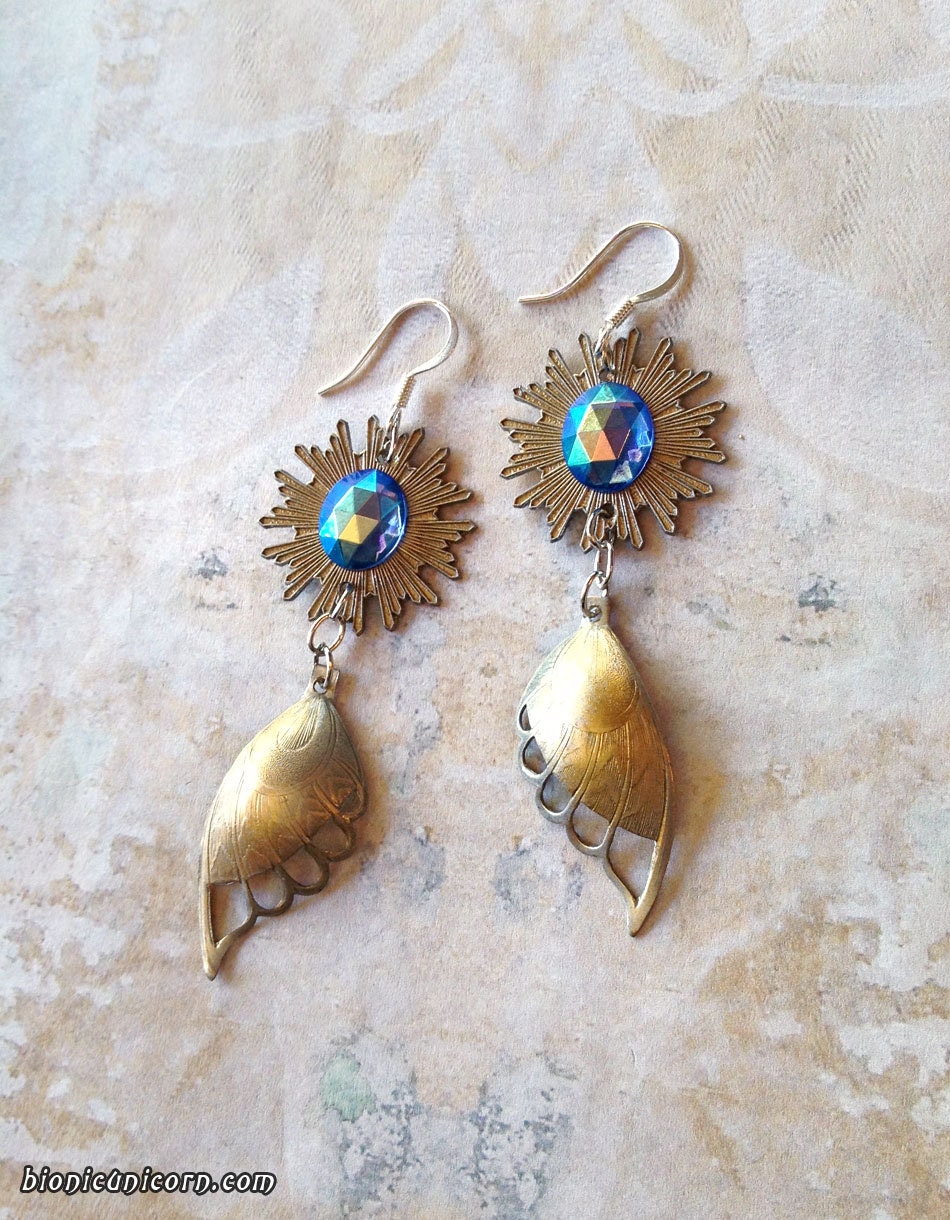 Fairy Fire Earrings - Wing Earrings with Vintage Starbursts with Iridescent Blue Glass Jewels - Steampunk Fairy