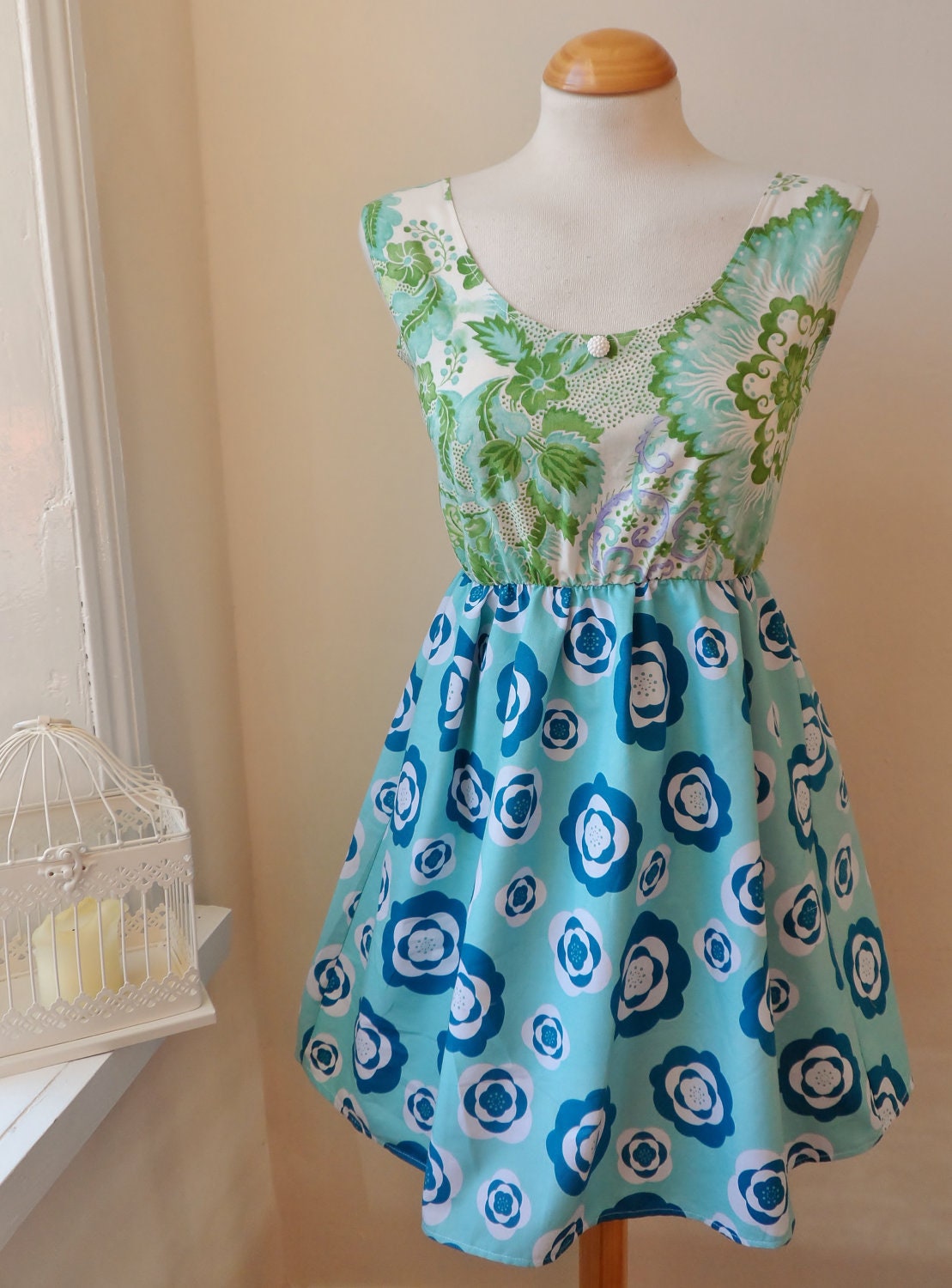 SALE..Aqua and Green Floral Bohemian Romantic Dress / Handamde / XS S