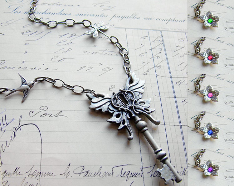 Steampunk necklace winged skeleton key Art Nouveau