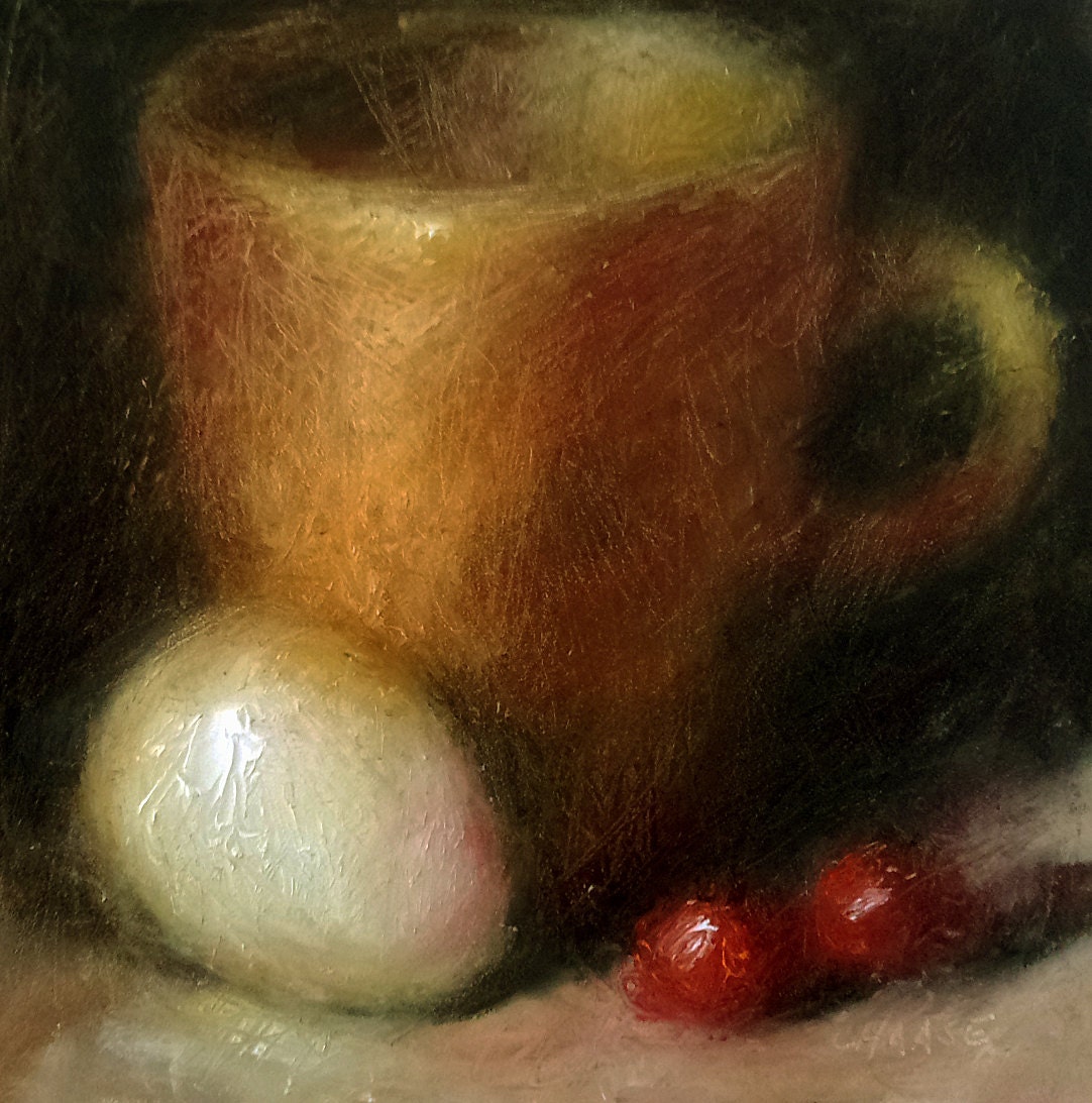 Small Oil Painting, Cup and Egg, Still Life, Daily Painting, Unframed Art