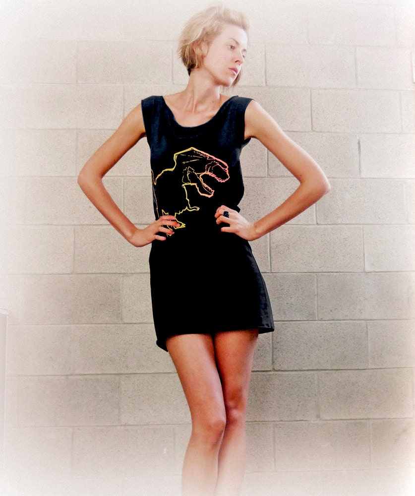 TRex tshirt dress - eco-friendly yellow orange ink screenprint on black cotton - womens sizes S, M, L