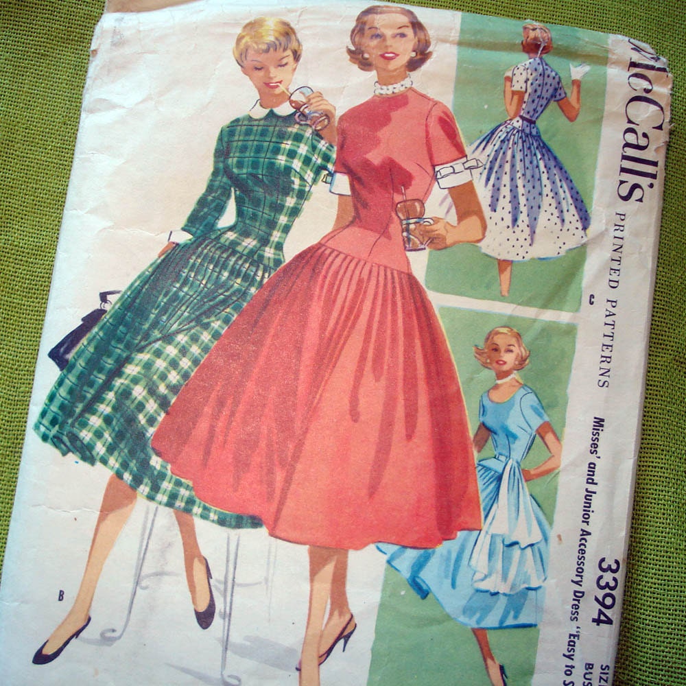 1950s Vintage Sewing Pattern - Junior Accessory Dress - Dropped Waist - Mad Men - McCalls 3394 / Size 14 Bust 32