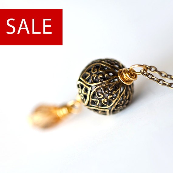 Sale - Filigree Ball with Topaz Crystal Teardrop Antique Brass Necklace