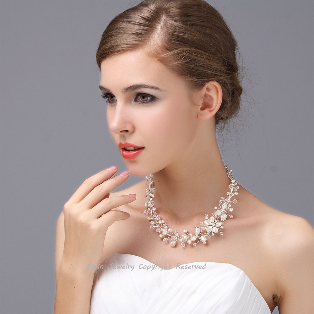 Wedding Necklace, Pearl Bridal Necklce Jewelry, Asymmetrical Ivory White Swarovski Pearl Floral Vine Silver Bridal Necklace Jewellery