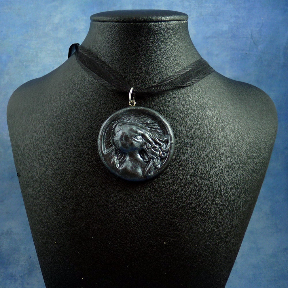 Antique Silver Cthulhu Cameo Necklace, Polymer Clay Jewelry