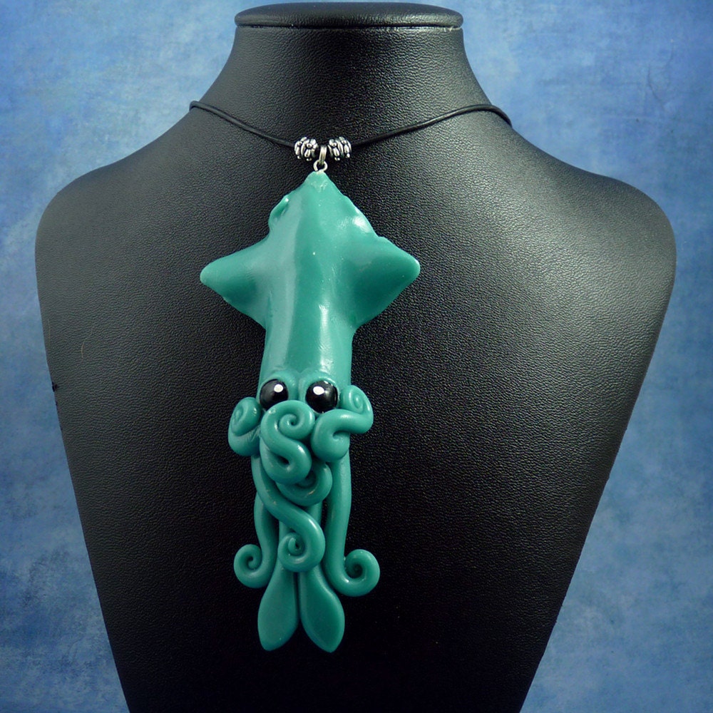 Tropical Sea Squid Necklace, Aqua Blue Handmade Polymer Clay Kawaii Jewelry