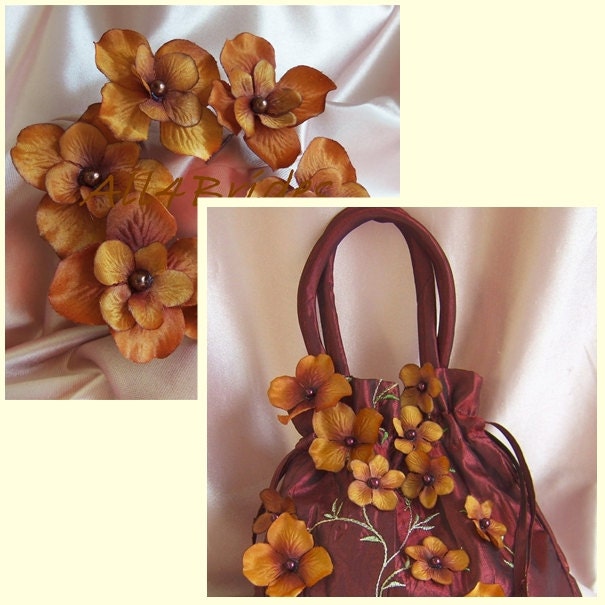 Bridal Purse Burgundy Burnt Orange - Hydrangea Hair Pins - Bridal Wedding Accessories - Fall Autumn Weddings