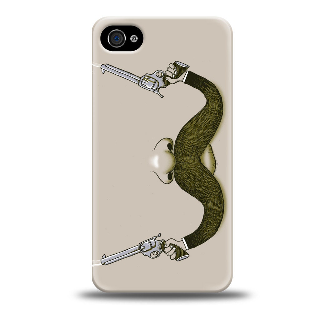 iPhone 4 Case, Mustache iPhone Case, Mustache, Guns, Funny, Hard case, Glossy Finish