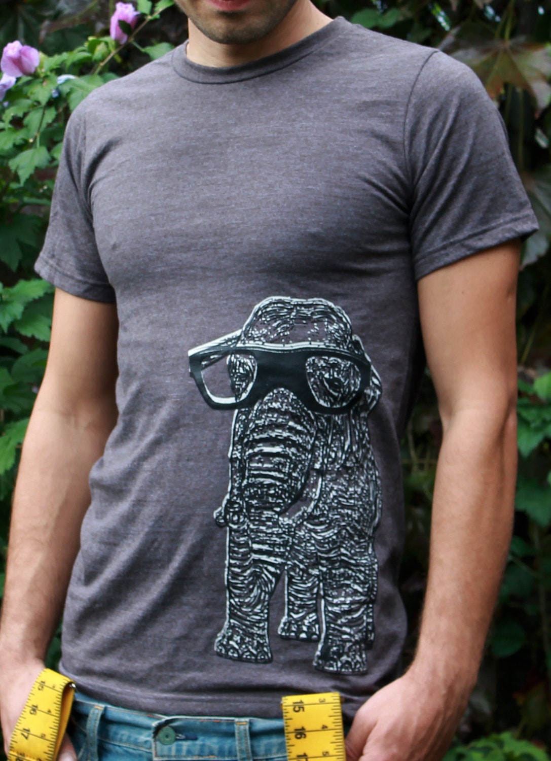 Elephant with 3D Glasses in Heather Blue, Black, Brown, Green, Charcoal,  ORGANIC Tshirt Urbarian New York- Men- Women- Kids- Baby