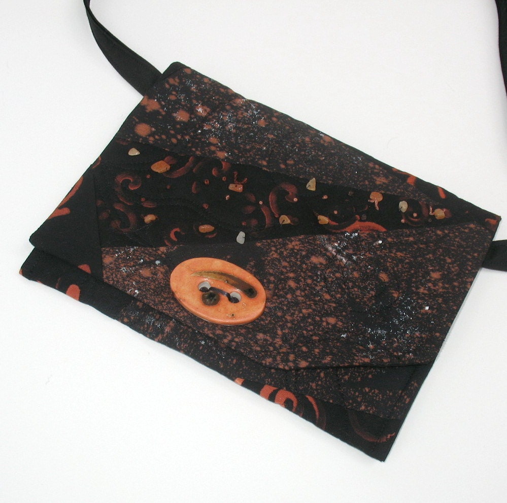 Quilt Purse, Discharged Black and Terracotta, Pottery Button and Stone Beads